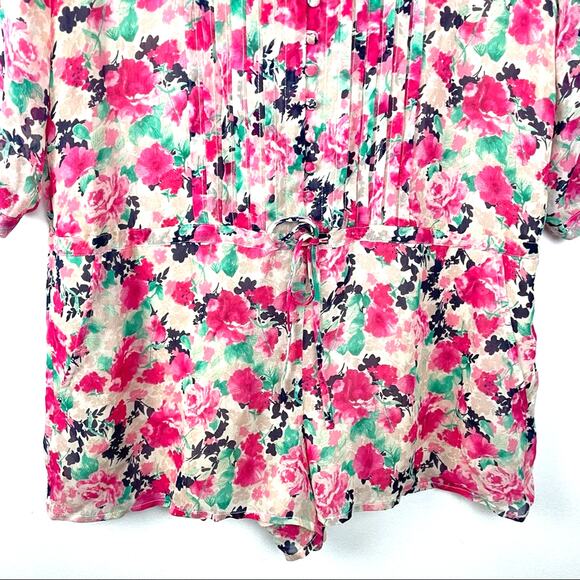 Joie | Silk Romper Floral Shorts Small Pink Cream Green - Picture 7 of 12